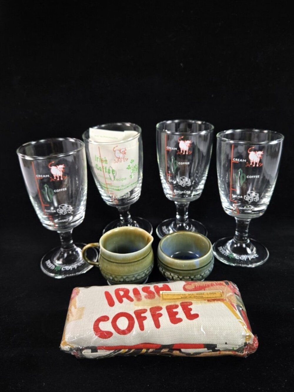 1970s Vintage Irish Coffee Glass Mug Set Printed Recipe w Linen Tea Towel NOS